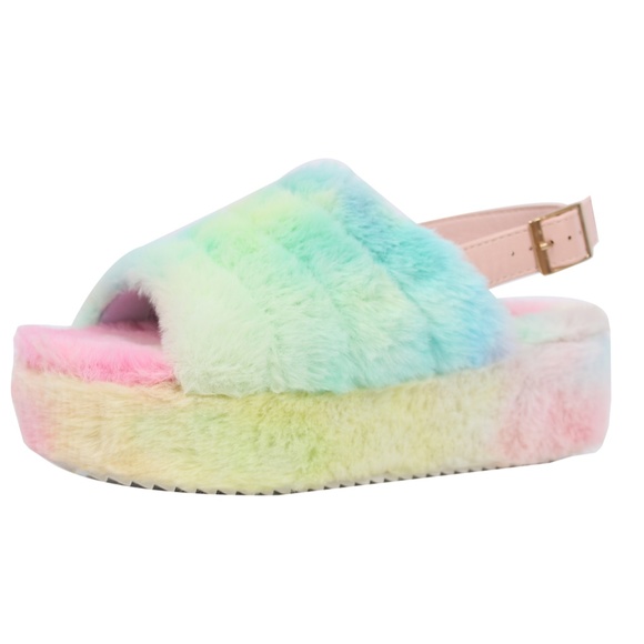 Cotton Candy Open Toe Fuzzy Slingback Platform Wed - Picture 4 of 5